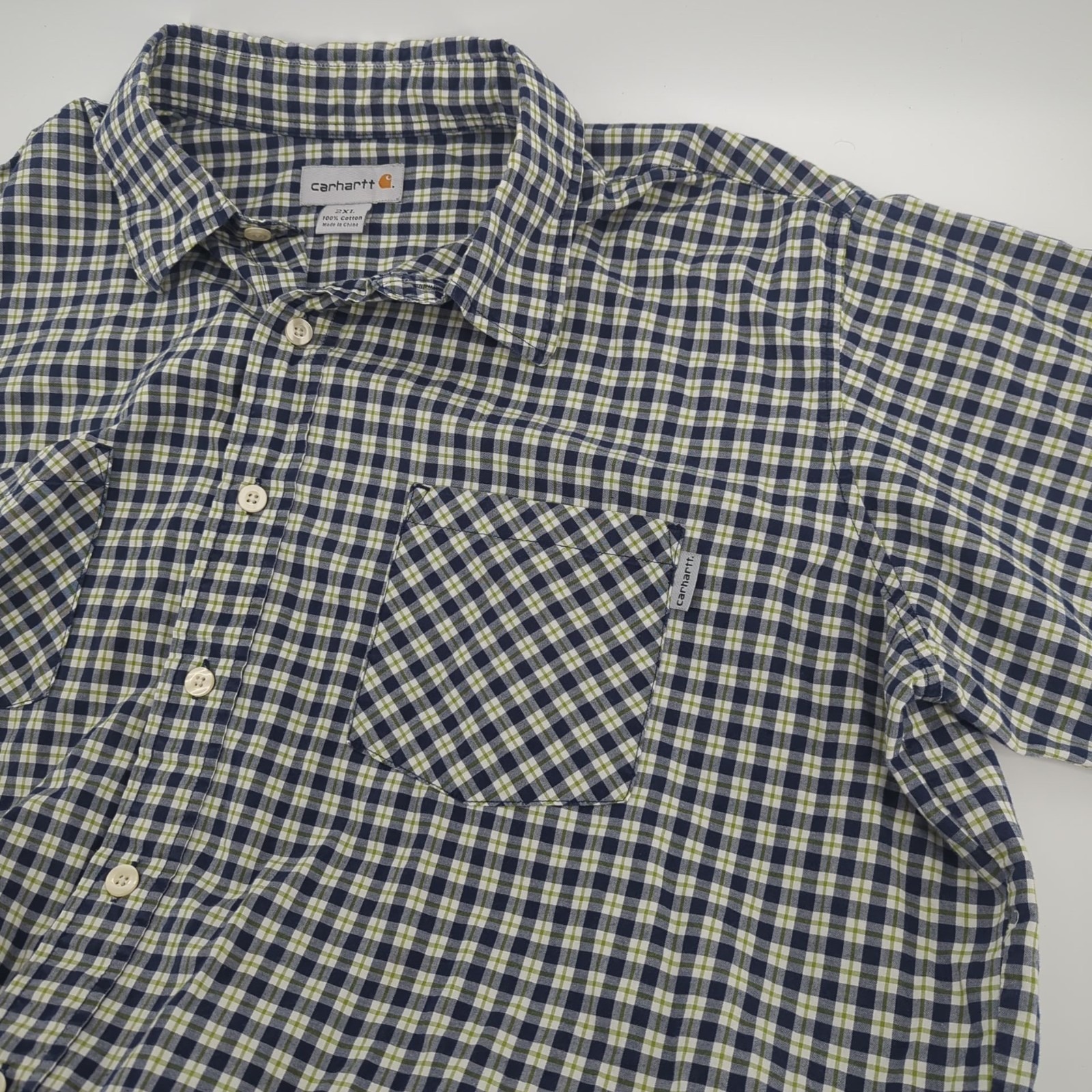Carhartt Mens Shirt Blue White Plaid Button Up Chest Pockets Short Sleeve 2xl